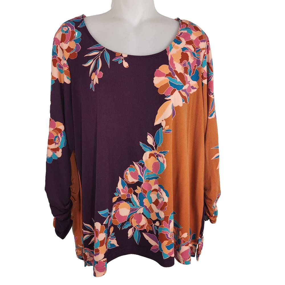 GRAVER Susan Graver Women Printed Liquid Knit Tunic Top 3/4 Ruched Sleeves LP